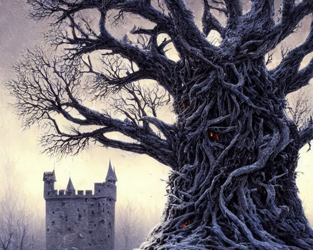 Gnarled tree in snowy landscape with castle and red eyes