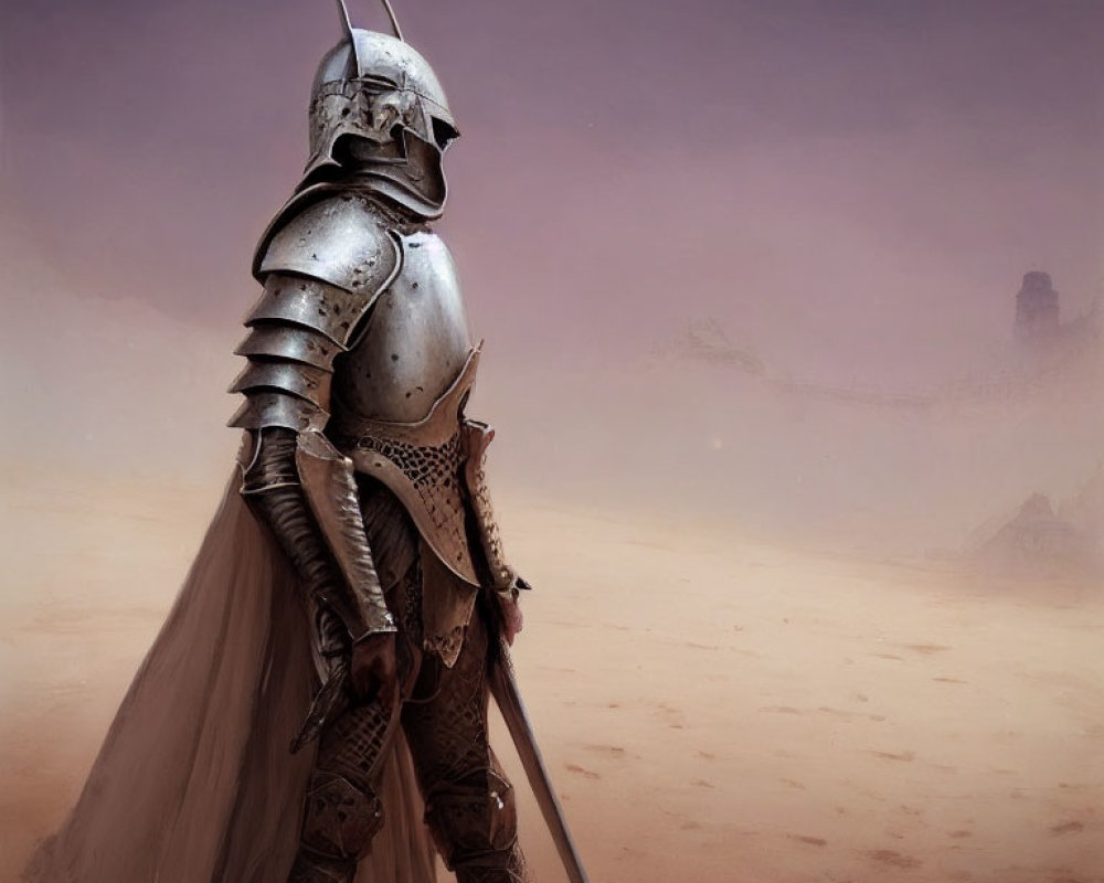 Knight in shining armor with sword in dusky desert landscape