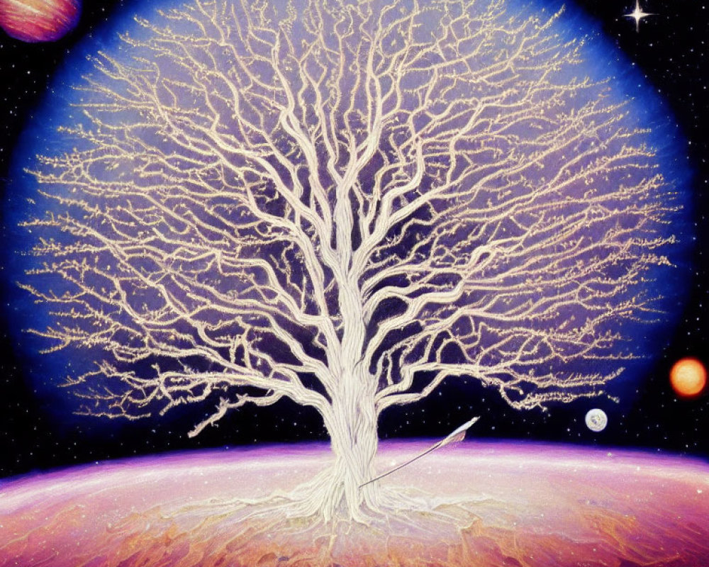 White tree with intricate branches in surreal cosmic scene