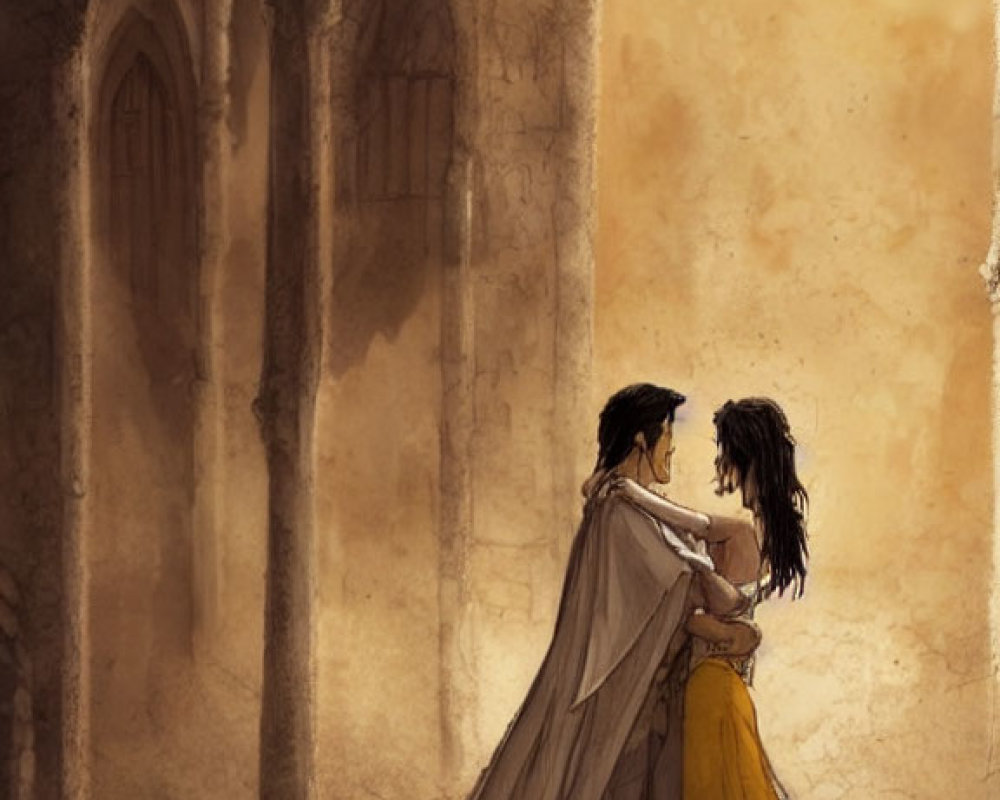 Medieval-themed animation of characters in intimate moment under stone archway