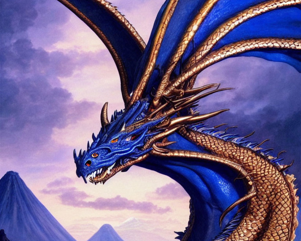 Blue dragon with horns and glowing eyes in twilight sky with mountains