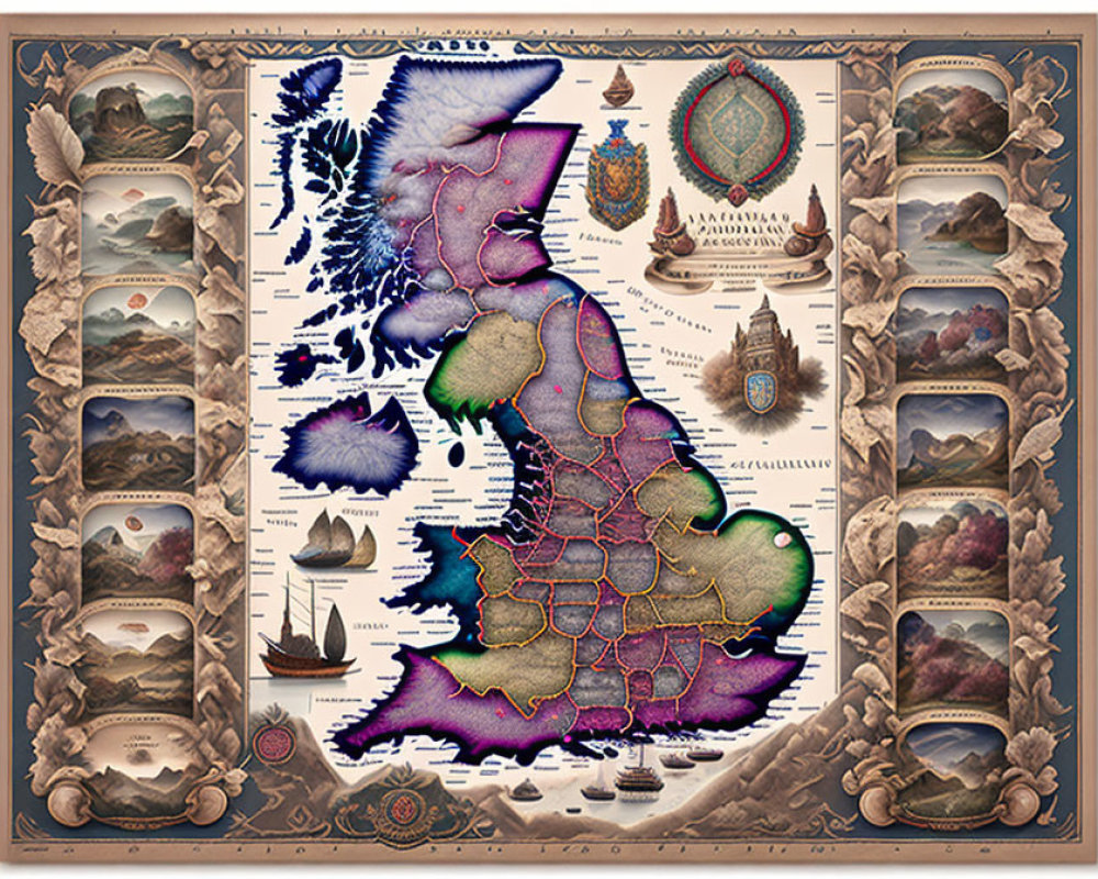 Fantasy map with regions, symbols, and maritime scenes in ornate wood borders