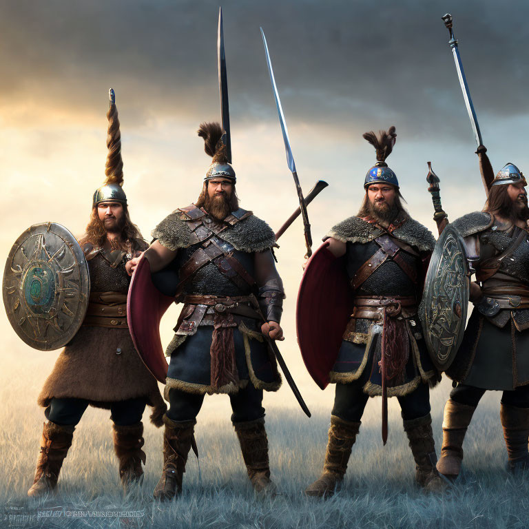 Viking warriors with swords and shields under dramatic sky