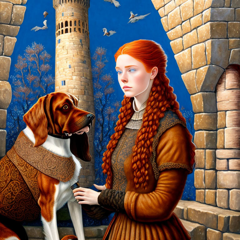 Medieval-themed painting: Red-haired woman with braids and dog in stone arches landscape