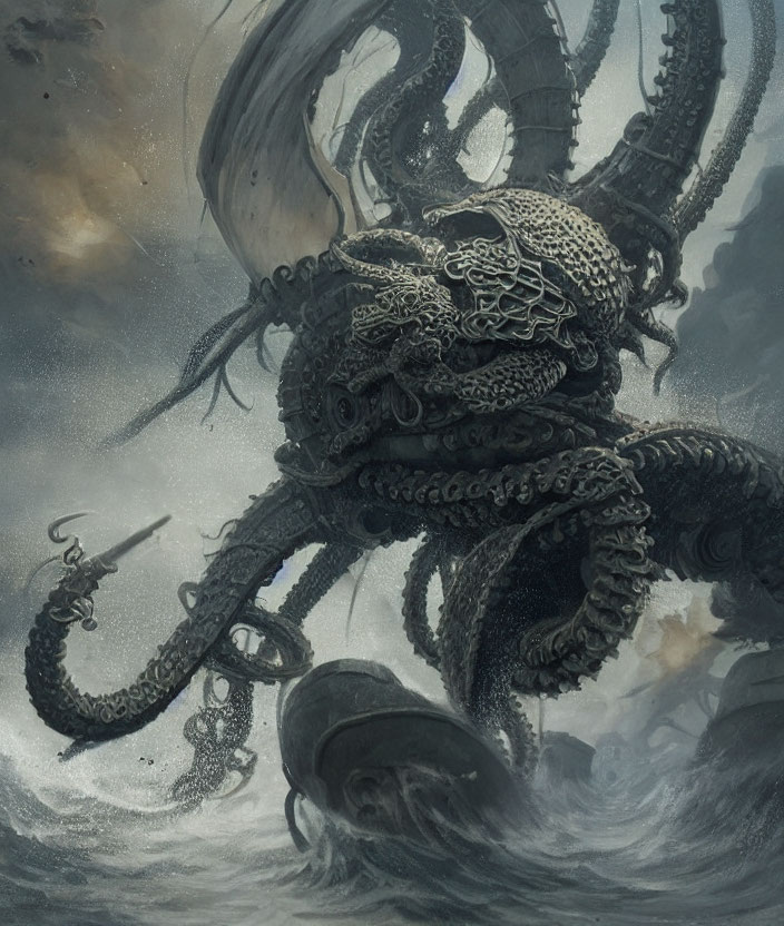 Gigantic octopus creature with tentacles on shipwreck in stormy sky