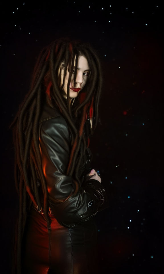 Person with Voluminous Dreadlocks in Leather Jacket Against Cosmic Background