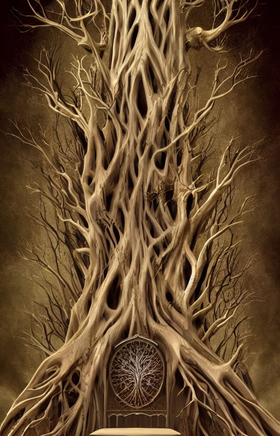 Intricate mystical tree with circular window and fantasy vibe