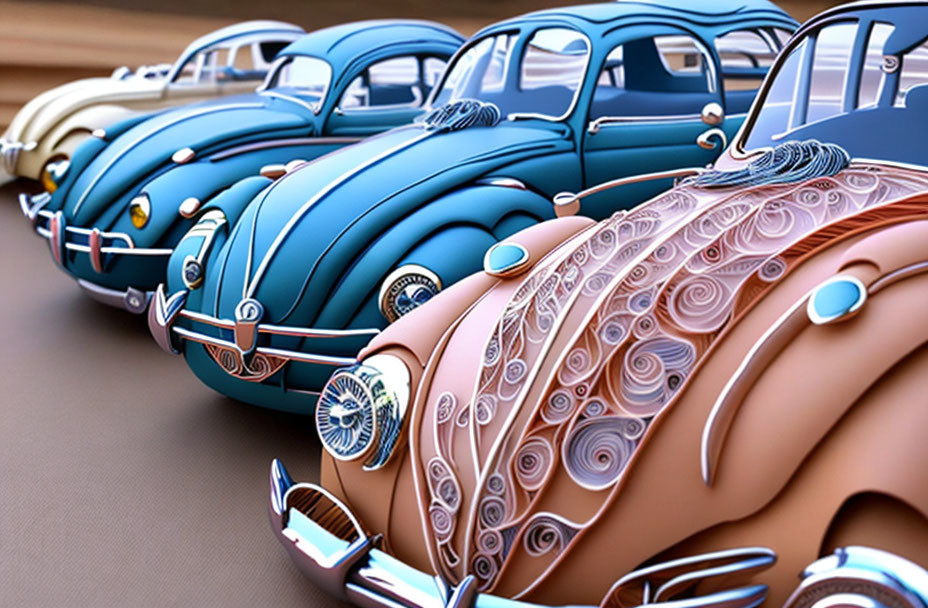 Stylized Vintage Cars with Floral Designs and Detailed Ornamentation
