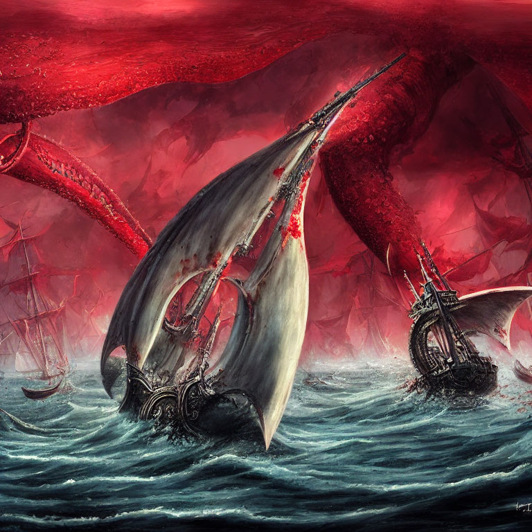 Giant squid attacking ships and whale under red sky