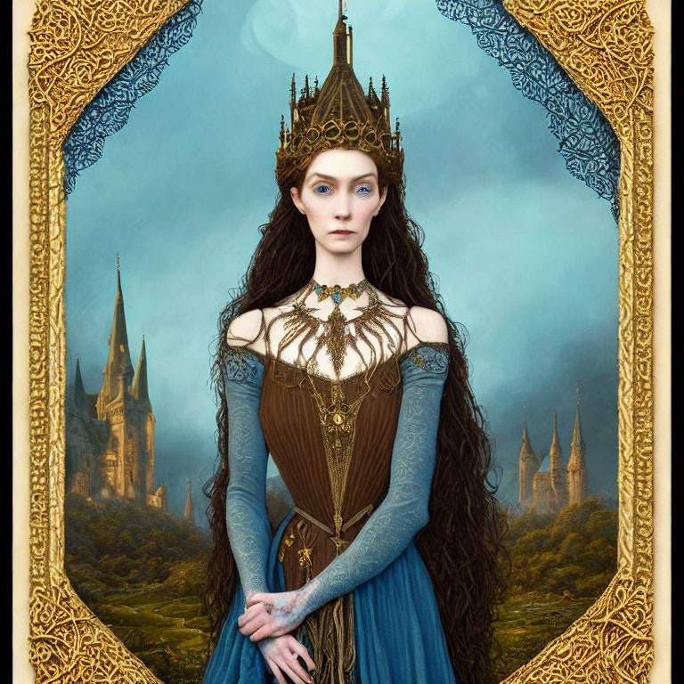 Medieval fantasy portrait of a regal woman in crown and dress