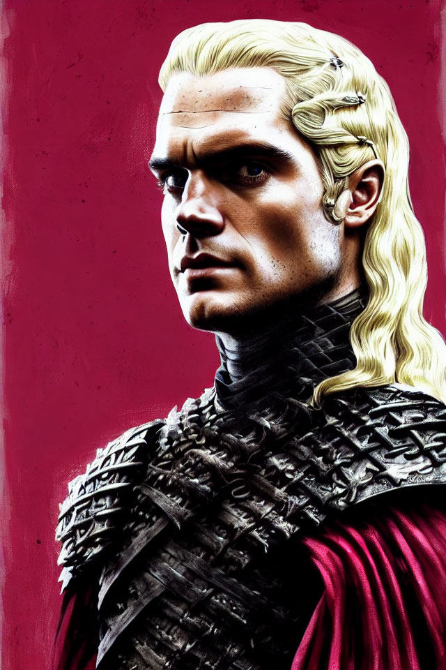 Man in Medieval Armor with Long Blonde Hair on Crimson Background