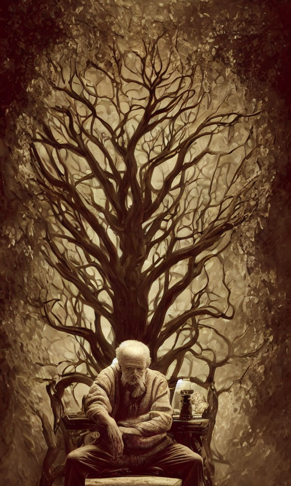 Elderly person sitting under bare tree in sepia-toned setting