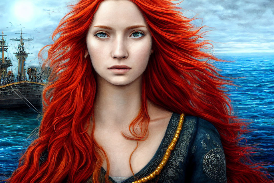 Vivid red-haired woman in dark dress by the sea