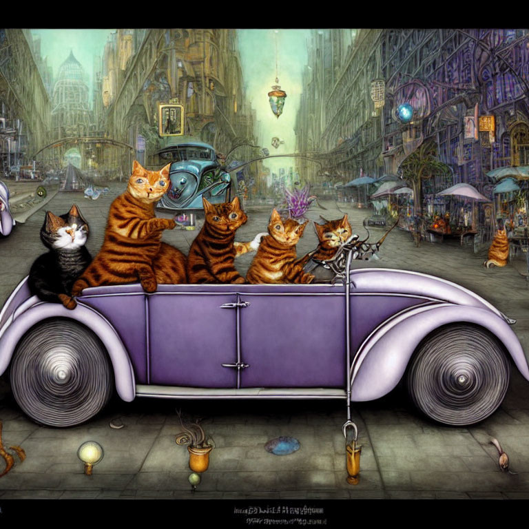 Four cats in vintage purple car in whimsical city with intricate architecture
