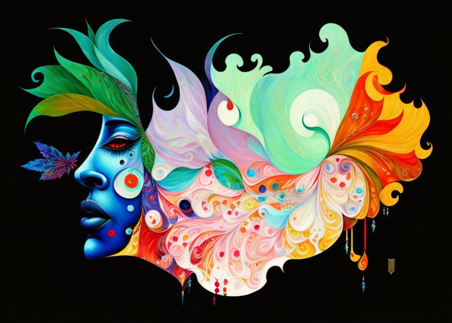 Vibrant abstract female figure with butterfly wing hair on black background
