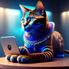 Stylized cat with jewelry looking at smartphone in dimly lit room