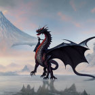 Majestic dragon with spread wings in mountain landscape