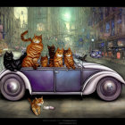 Four cats in vintage purple car in whimsical city with intricate architecture