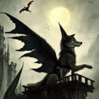 Majestic winged wolf on stone structure with castle, moon, birds, and dragon in glo