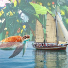 Miniature humanoids on sailboat with giant sea turtle in lush jungle