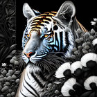 Colorful Tiger Head Art Against Dark Foliage and White Flowers