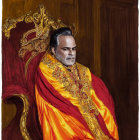 Regal man with beard on golden throne in luxurious red and gold garments