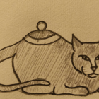 Cat and teapot fusion illustration with floral patterns and whimsical steam.