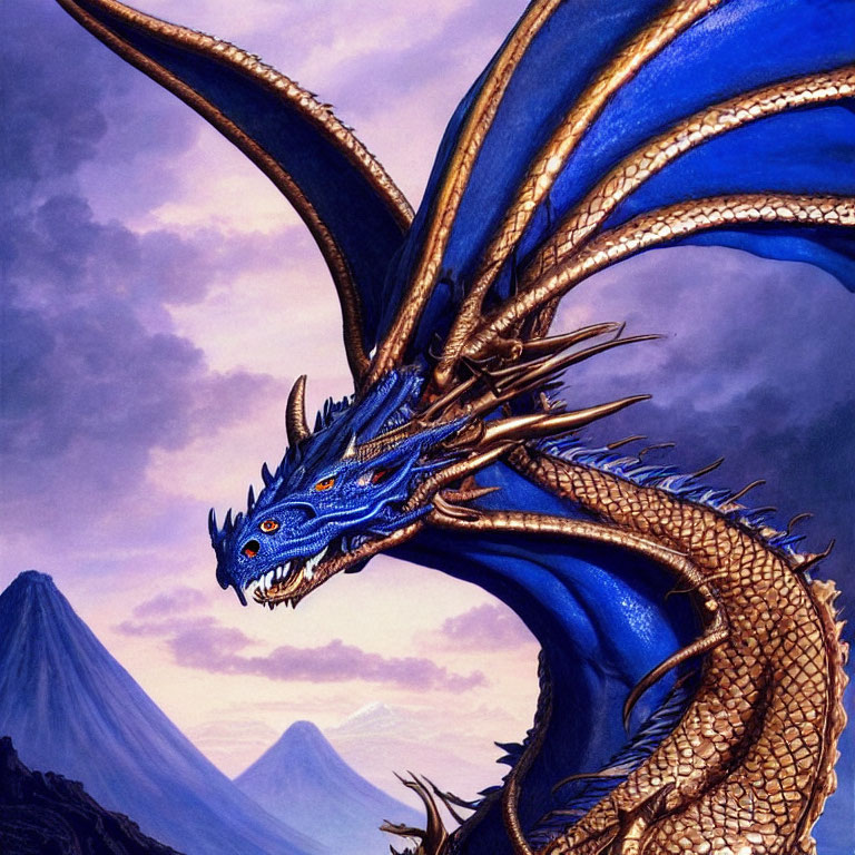 Blue dragon with horns and glowing eyes in twilight sky with mountains