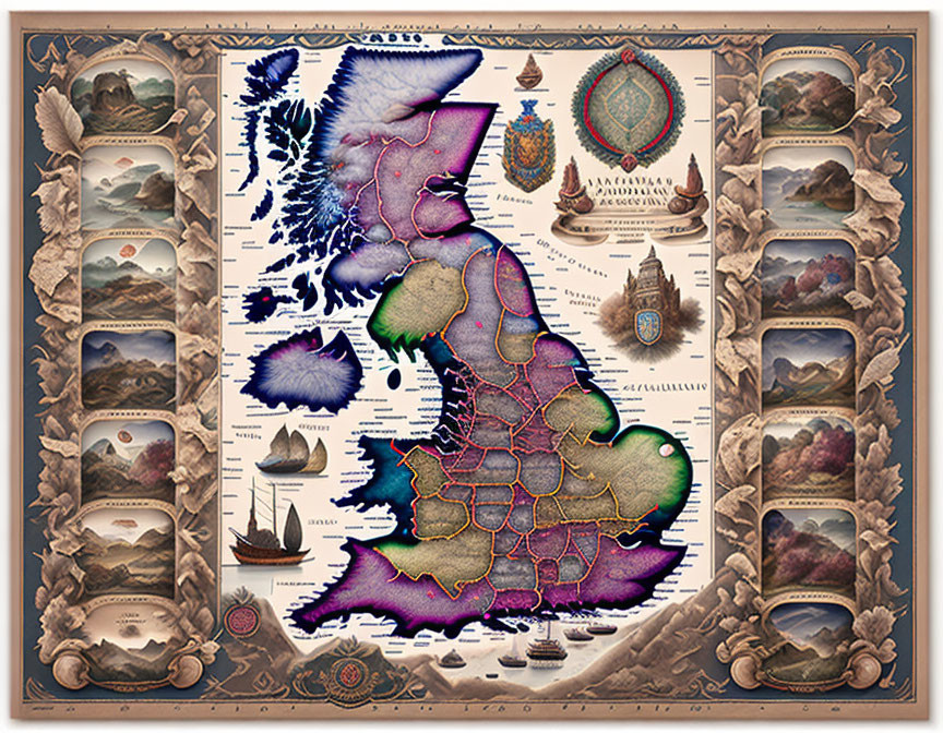 Fantasy map with regions, symbols, and maritime scenes in ornate wood borders
