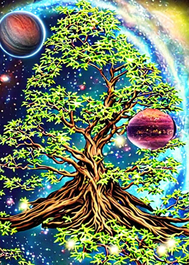 Colorful tree with green leaves under cosmic sky.