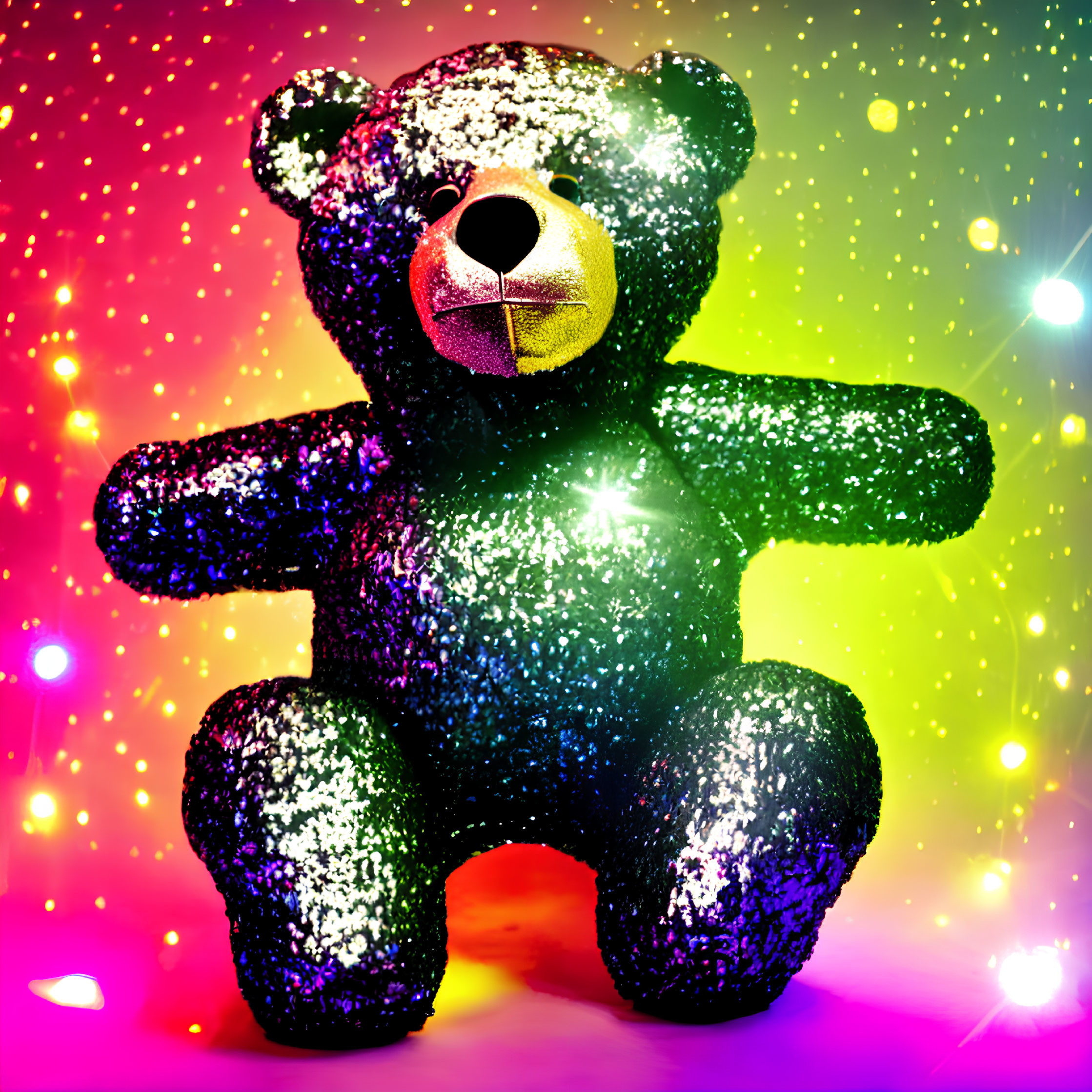 Colorful Light Display Behind Glittering Teddy Bear