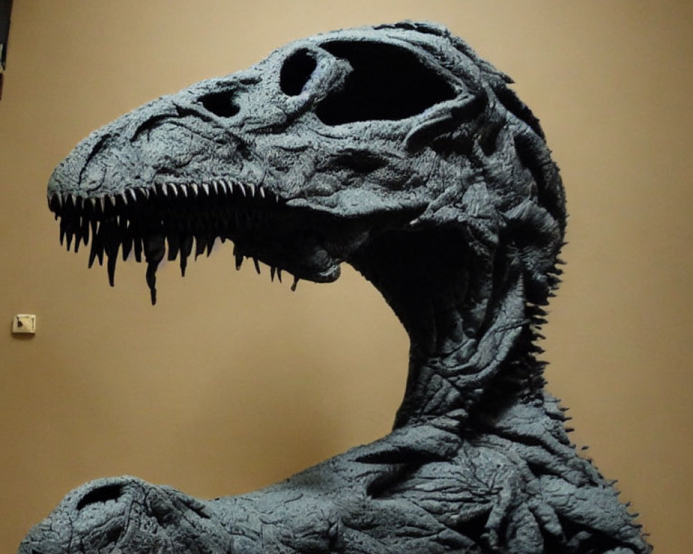 Detailed Dinosaur Replica Head with Sharp Teeth and Textured Skin