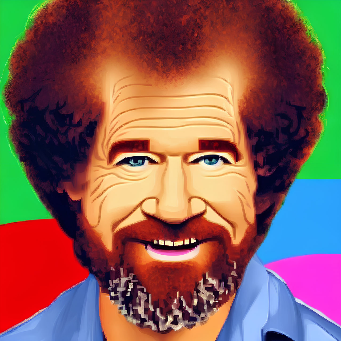 Colorful Pop Art Style Portrait of Smiling Man with Afro and Beard