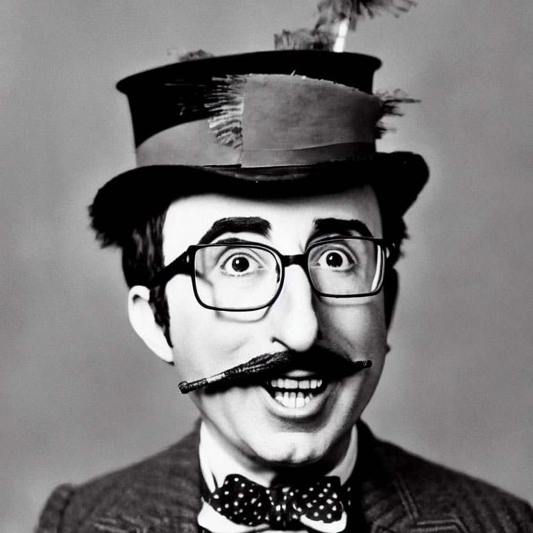 Character with top hat, glasses, fake mustache, bowtie & quirky expression
