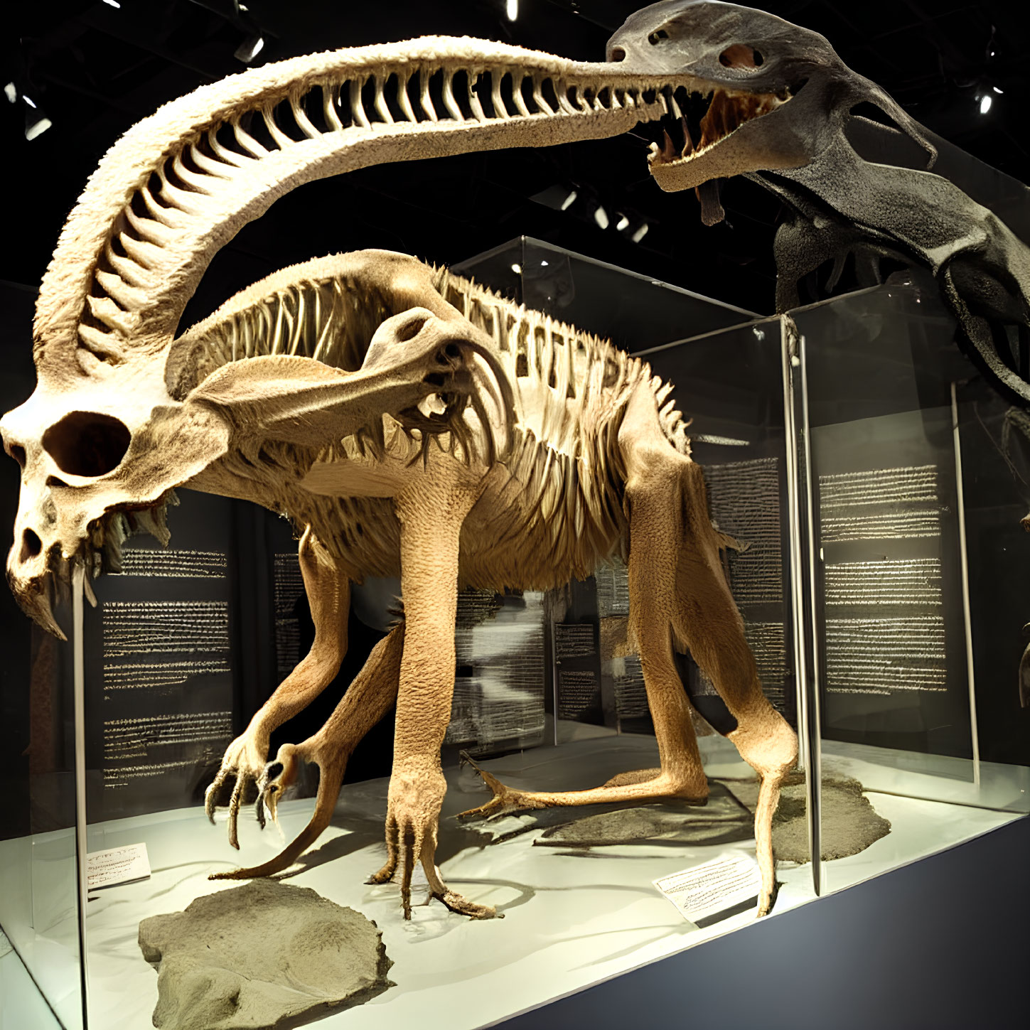 Large bipedal theropod skeleton in aggressive pose at museum exhibit
