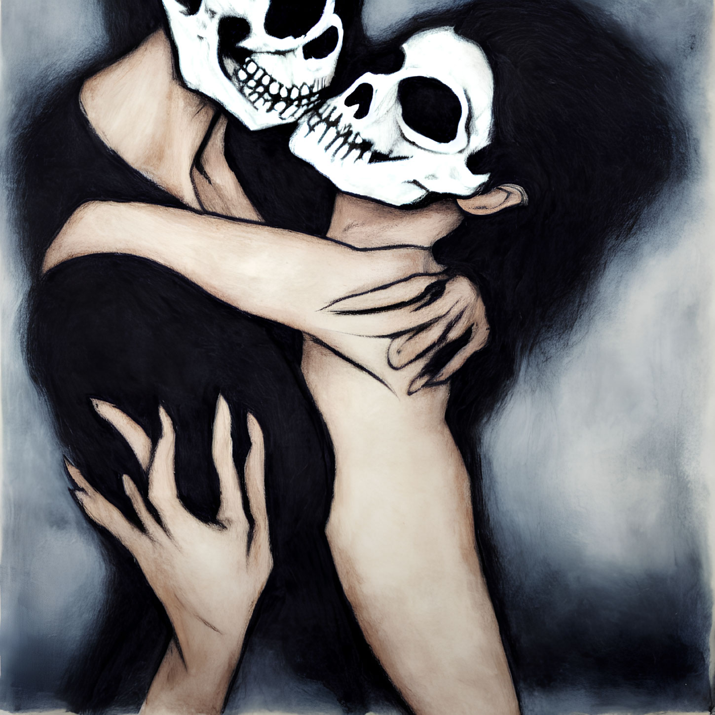 Skull-faced figures embrace with flowing hair and dramatic lighting.