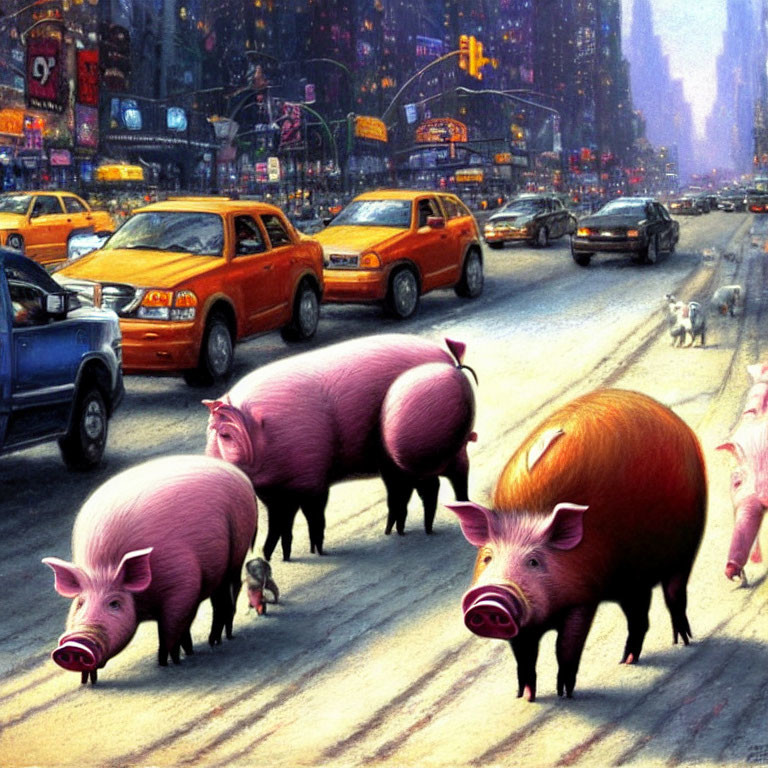 Surrealist cityscape with oversized pink pigs in whimsical chaos