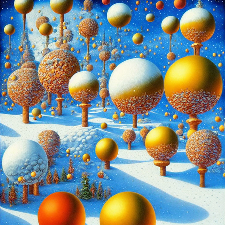 Surreal spherical objects and textured trees in snowy landscape