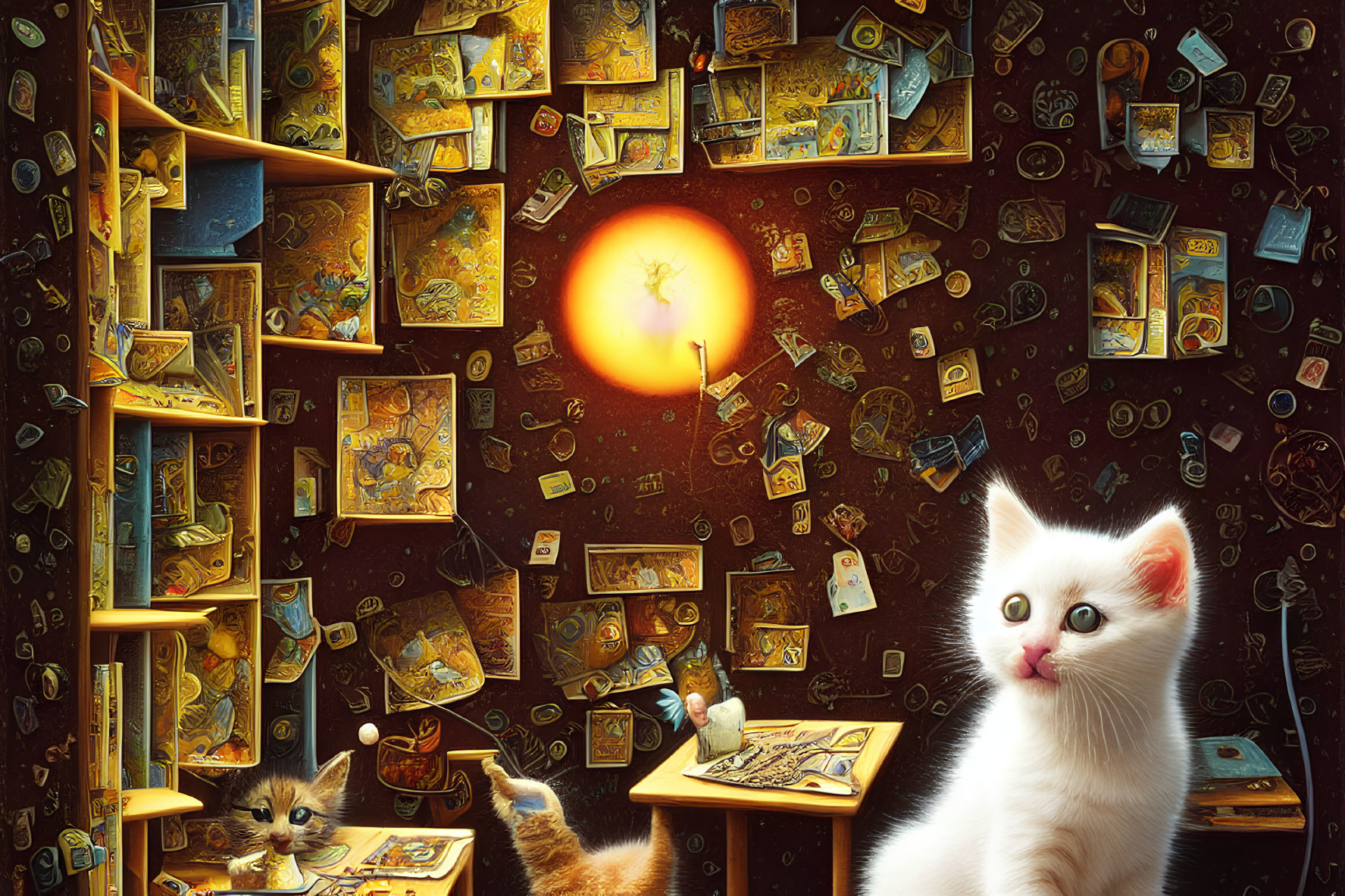 Whimsical room with flying books and glowing illustrations featuring a curious white kitten