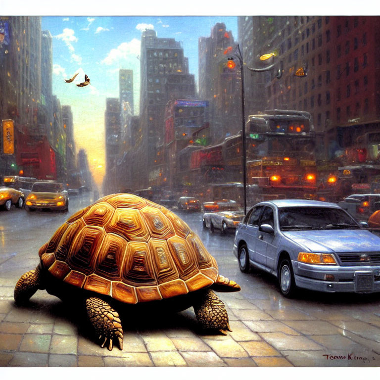 Giant tortoise in urban city scene with cars and streetlights