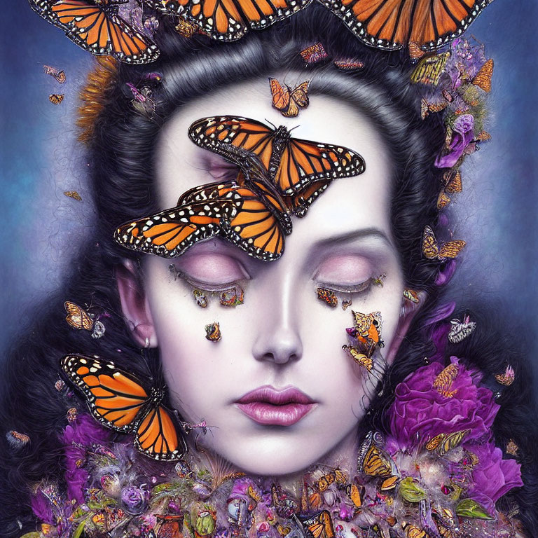Woman's Face with Monarch Butterflies and Purple Florals