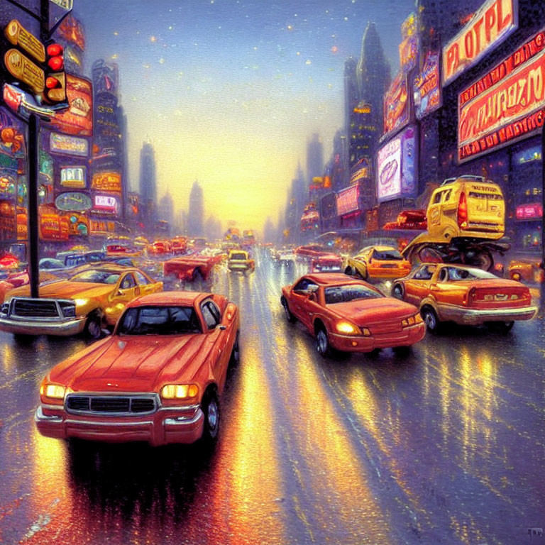 Vibrant city street scene at dusk with neon signs and cars on wet asphalt