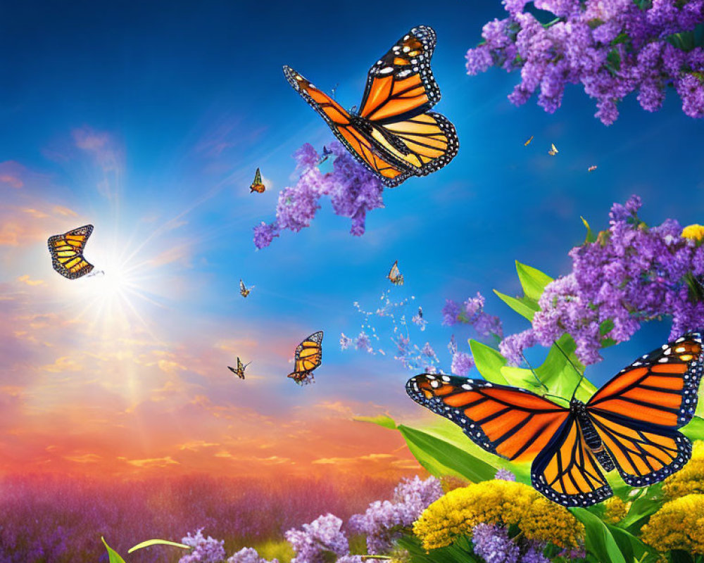 Colorful butterflies and flowers under a sunny sky with partial sun.