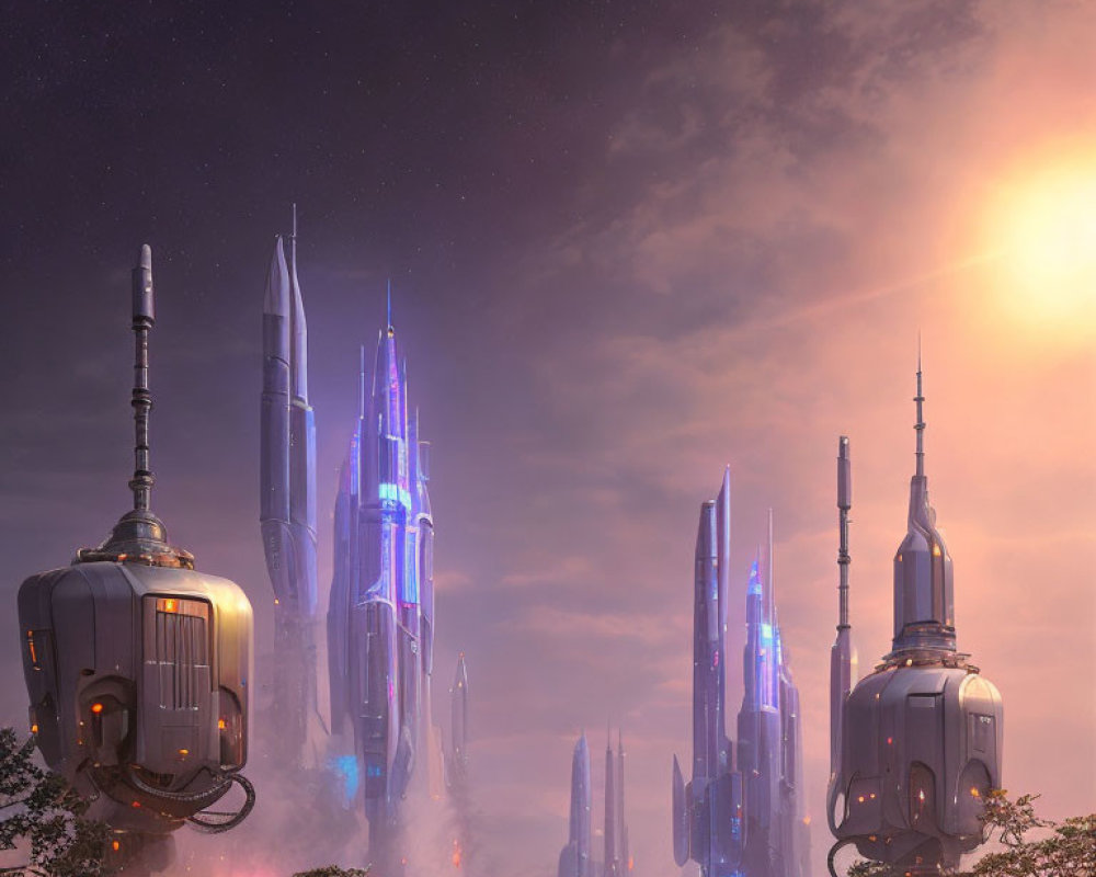 Futuristic cityscape with towering spires and floating vehicles at dusk