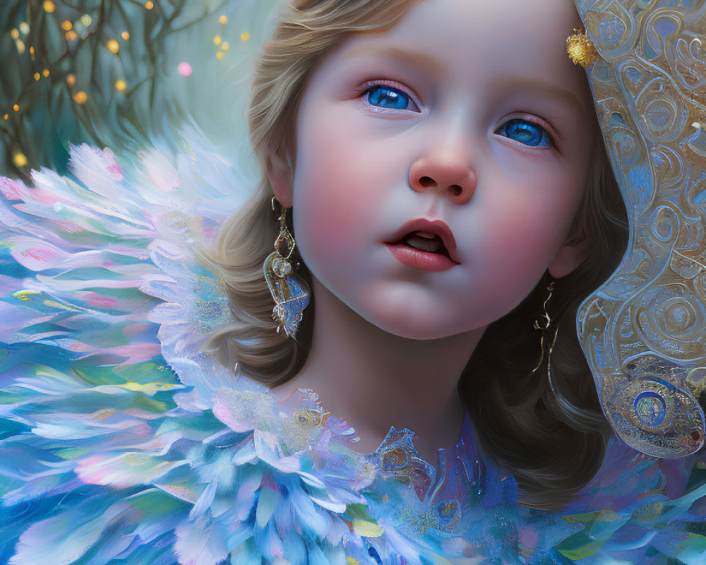 Digital artwork of young child with angelic features and wings in soft light