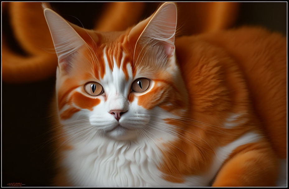 Orange and White Cat with Amber Eyes Lying Down in Soft Focus Background