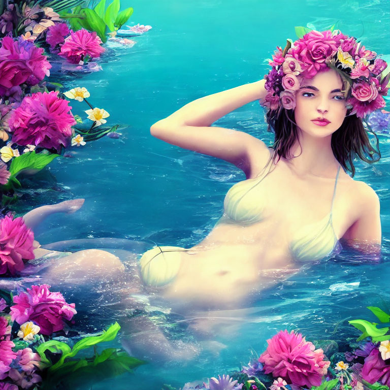 Woman with Flower Crown Bathing in Turquoise Pool Amid Pink Blooms