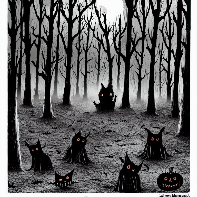 Monochrome spooky forest with cats, cloaks, and pumpkins