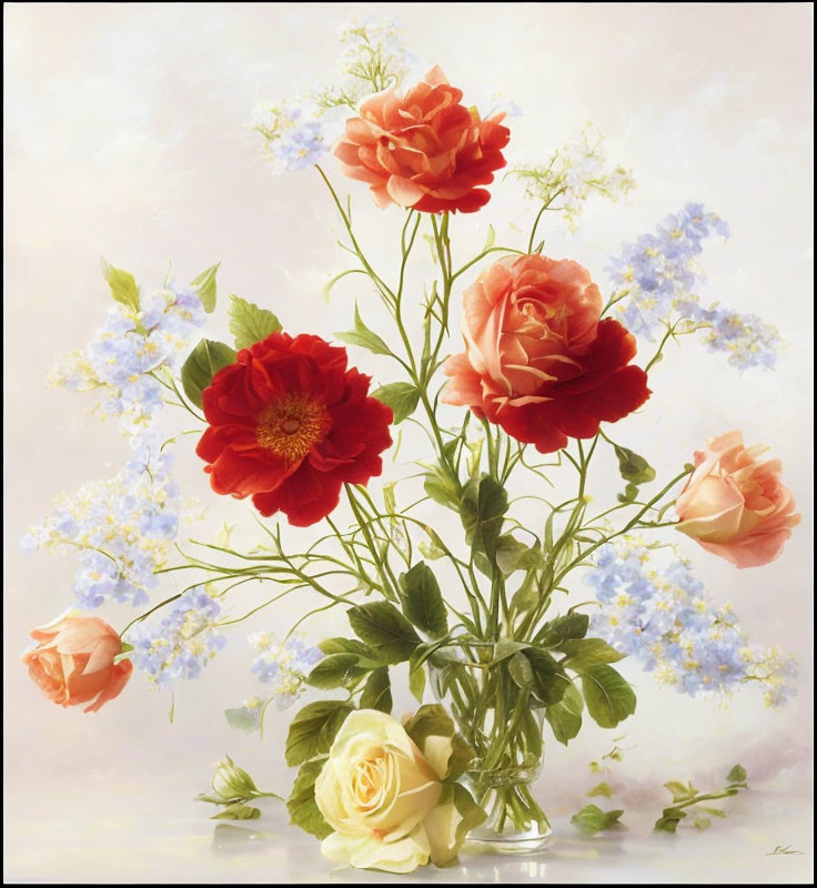 Assorted pink and red roses with small blue flowers on light background
