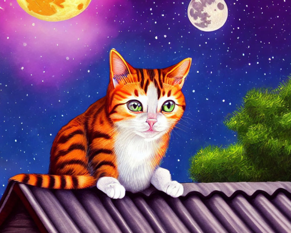 Illustration of orange striped cat under starry night sky